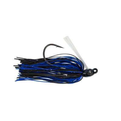 Googan Grass Hero Jig Black Blue skirted bass jig on white background – Little Nook